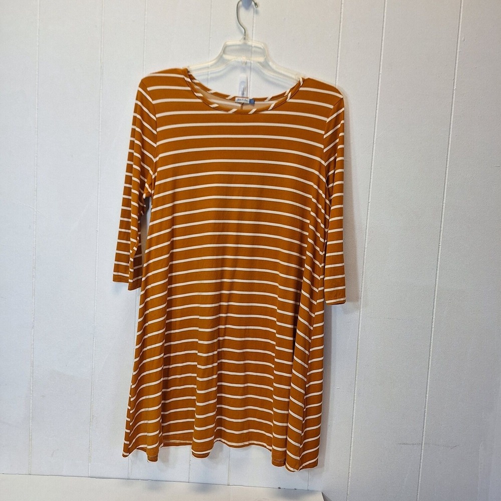 Yarn & Sea Women's Dress Size 1X Rust White‎ Striped Stretch 3/4 Sleeves